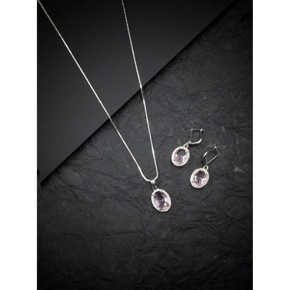 Women's Brass Silver Plated Pendant Set (Pink) - Image 4