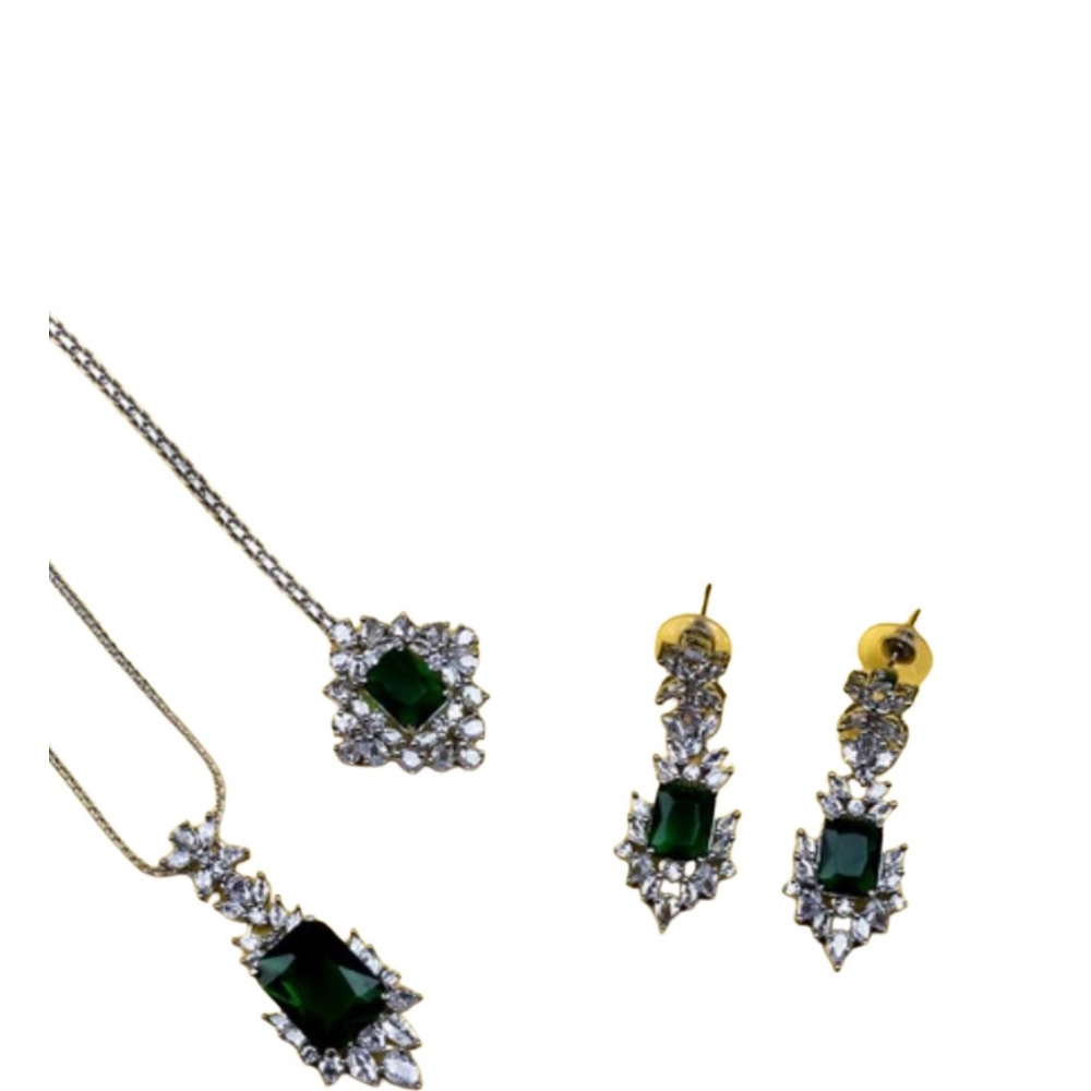 Women's Brass Silver Plated Pendant Set (Green) - Image 5