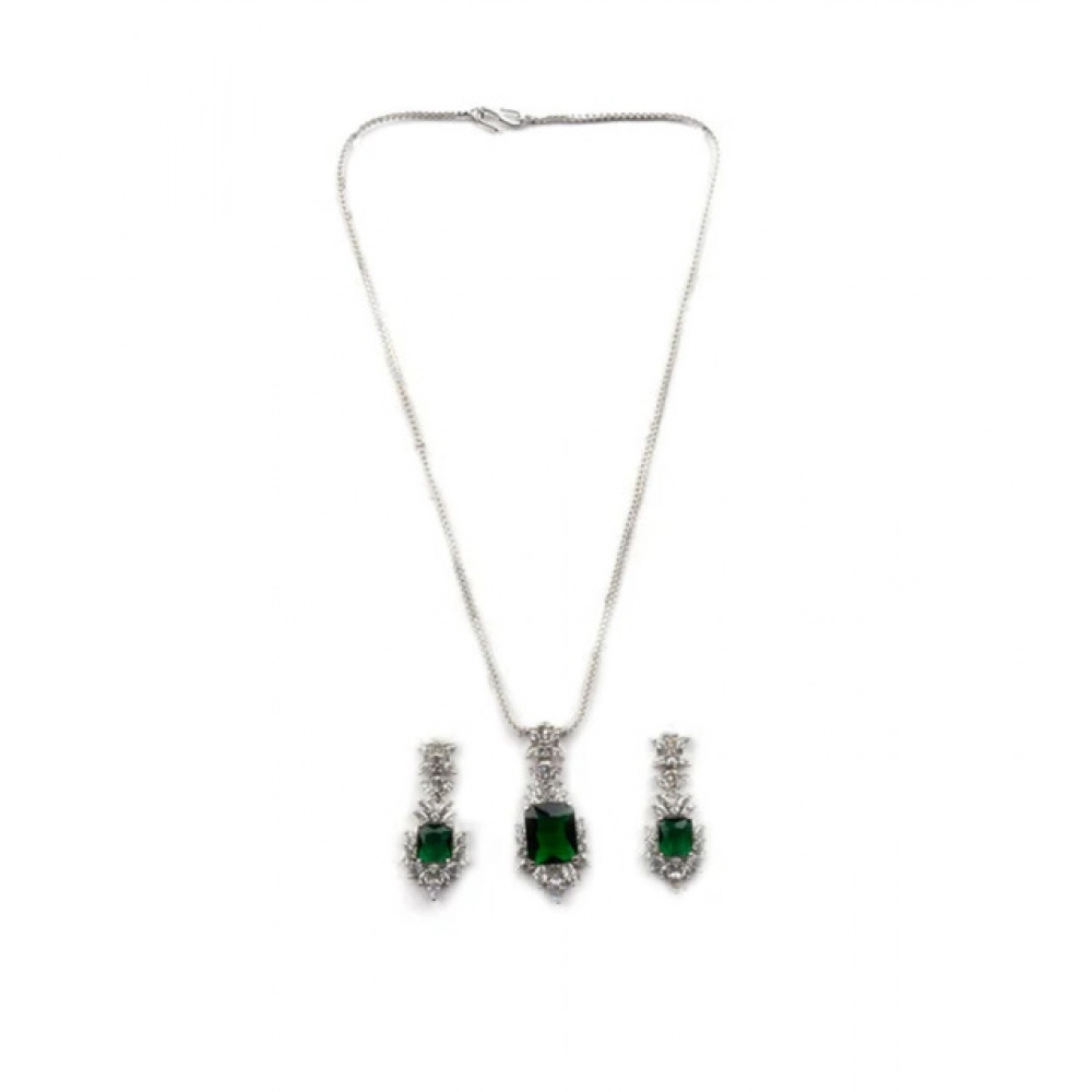 Women's Brass Silver Plated Pendant Set (Green) - Image 2