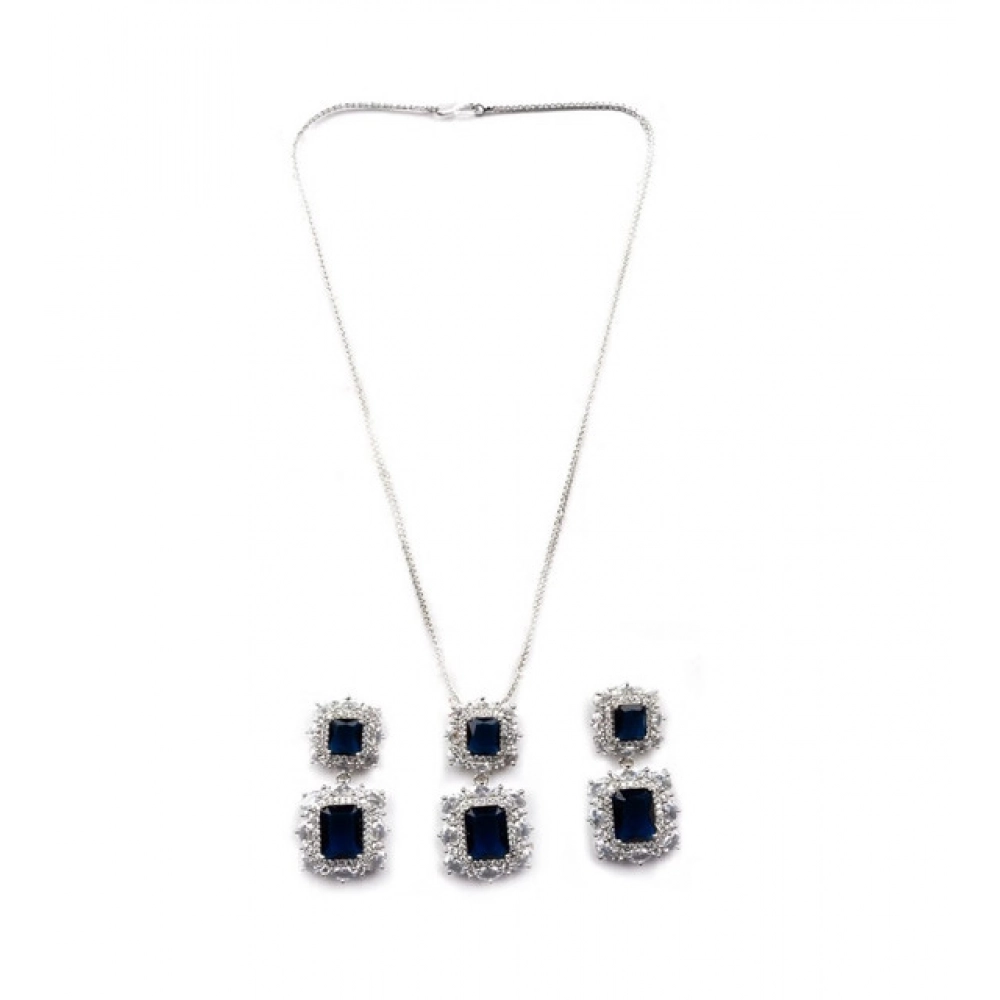 Women's Brass Silver Plated Pendant Set (Blue) - Image 5