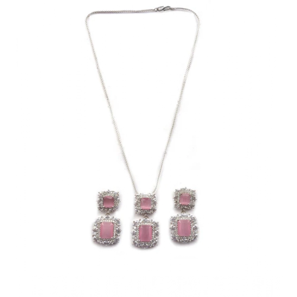 Women's Brass Silver Plated Pendant Set (Pink) - Image 5