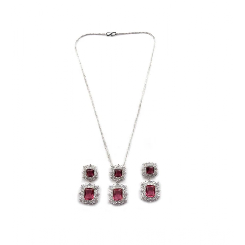 Women's Brass Silver Plated Pendant Set (Red) - Image 5