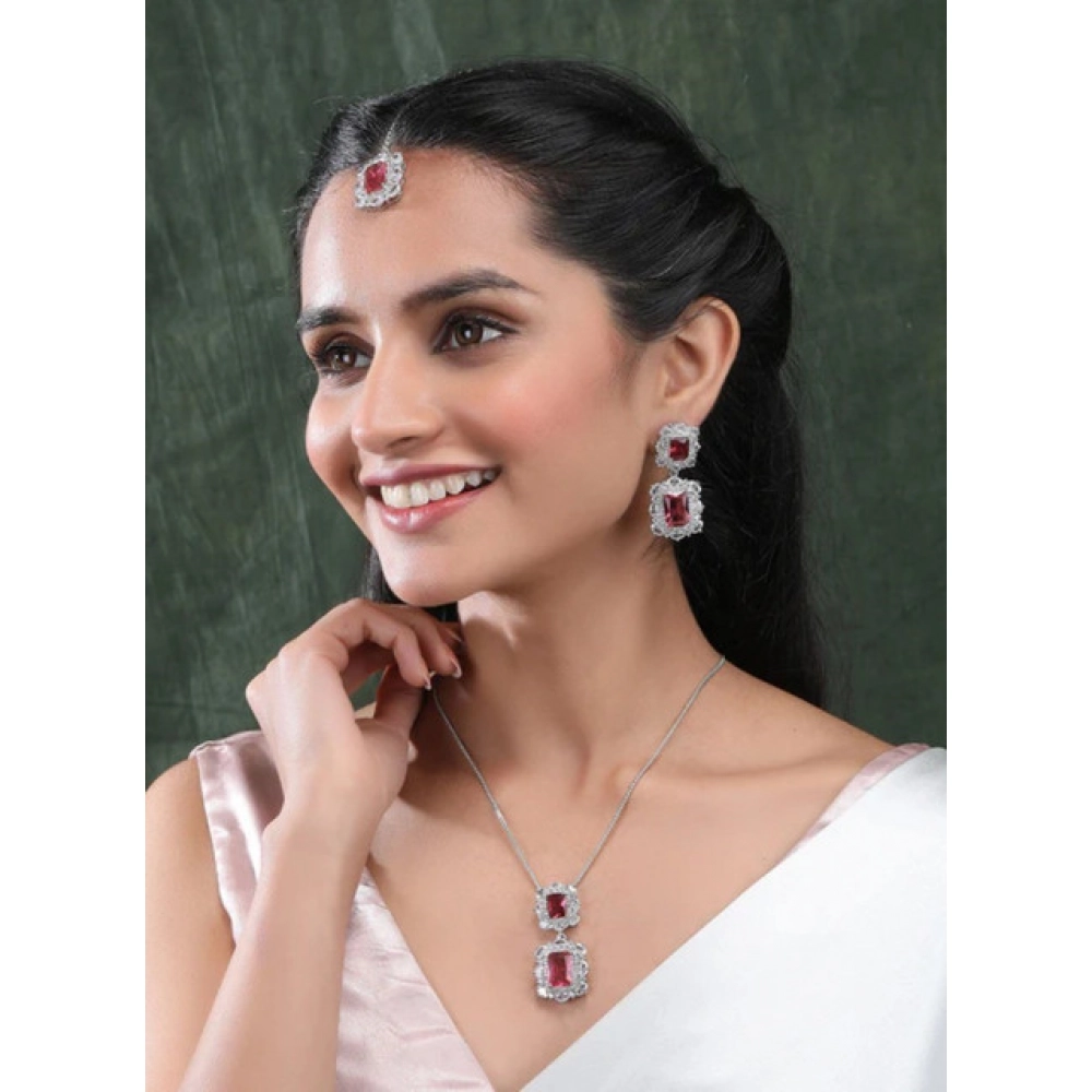 Women's Brass Silver Plated Pendant Set (Red) - Image 4
