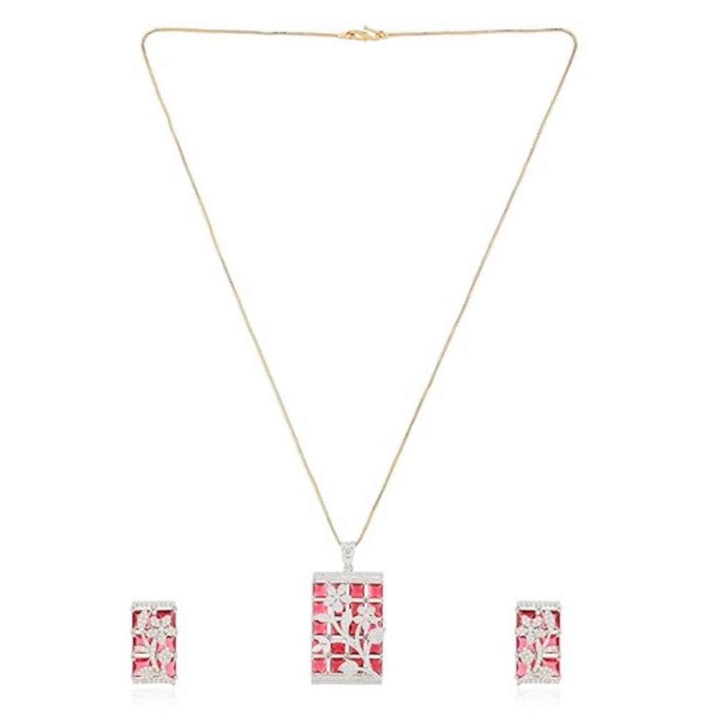 Women's Brass Silver Plated Pendant Set (Red) - Image 5