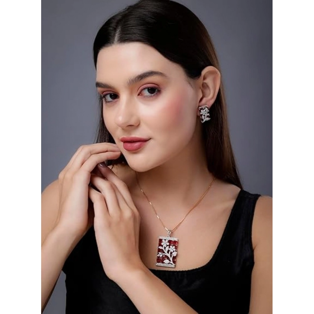 Women's Brass Silver Plated Pendant Set (Red) - Image 3