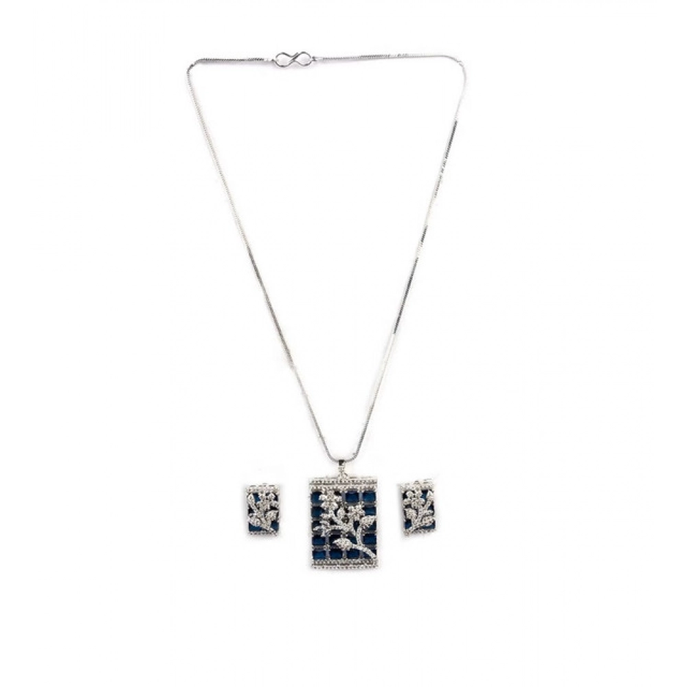 Women's Brass Silver Plated Pendant Set (Blue) - Image 5