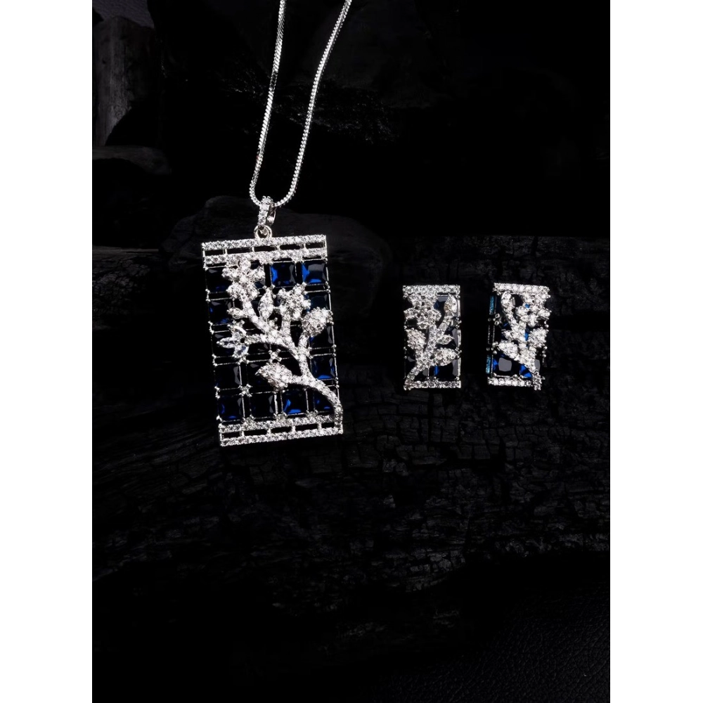 Women's Brass Silver Plated Pendant Set (Blue) - Image 4
