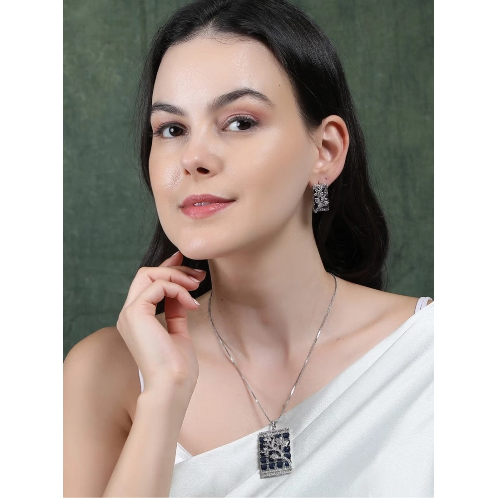 Women's Brass Silver Plated Pendant Set (Blue) - Image 3