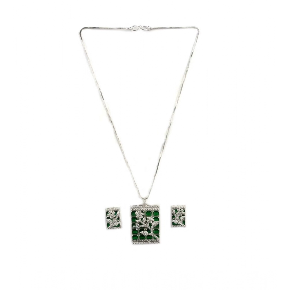 Women's Brass Silver Plated Pendant Set (Green) - Image 5