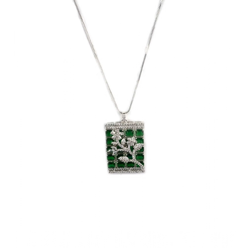 Women's Brass Silver Plated Pendant Set (Green) - Image 2