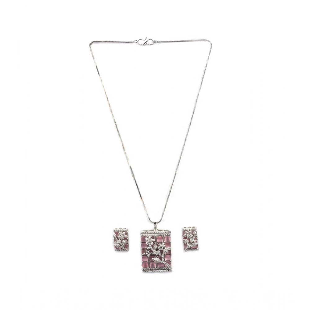 Women's Brass Silver Plated Pendant Set (Pink) - Image 5