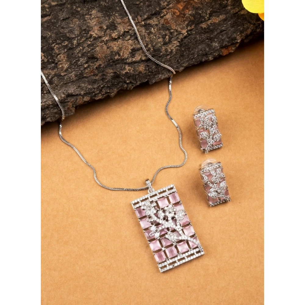 Women's Brass Silver Plated Pendant Set (Pink) - Image 4