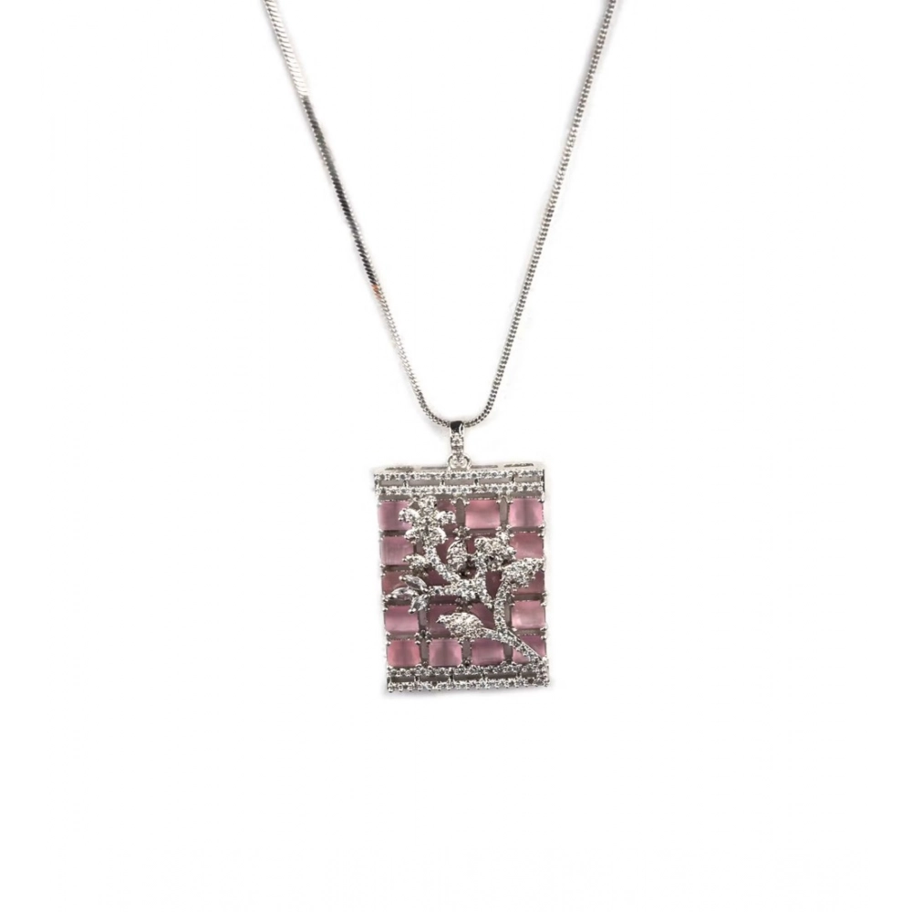 Women's Brass Silver Plated Pendant Set (Pink) - Image 2