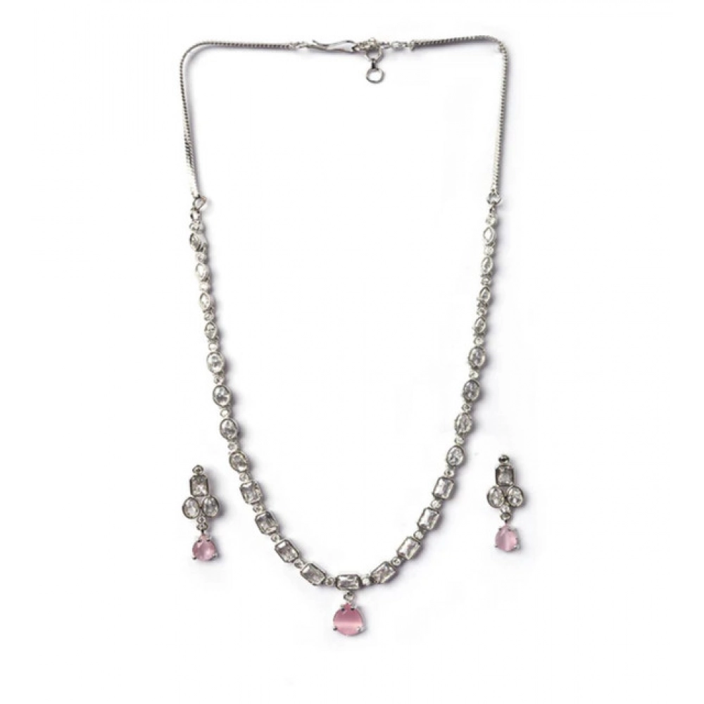 Women's Brass Silver Plated Necklace set (Pink) - Image 5