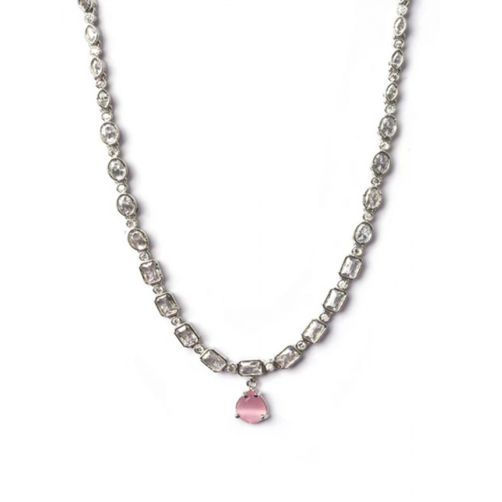 Women's Brass Silver Plated Necklace set (Pink) - Image 3