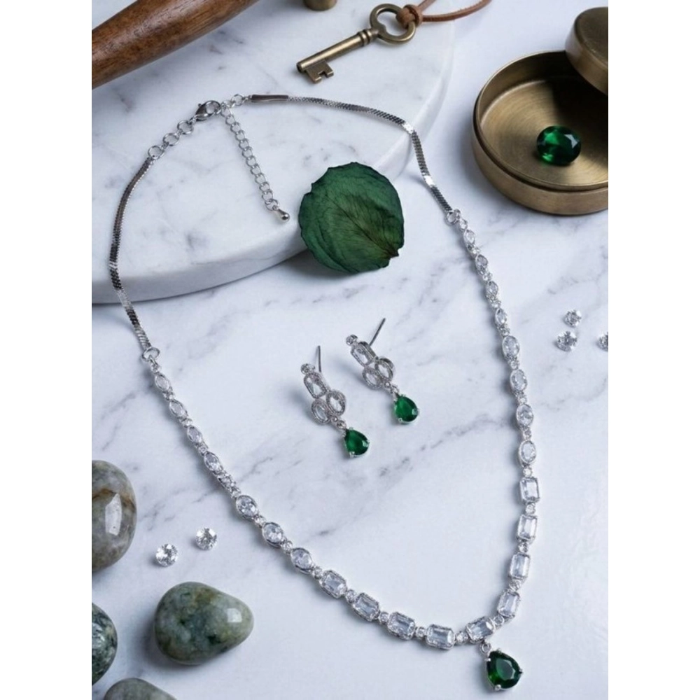Women's Brass Silver Plated Necklace set (Green)