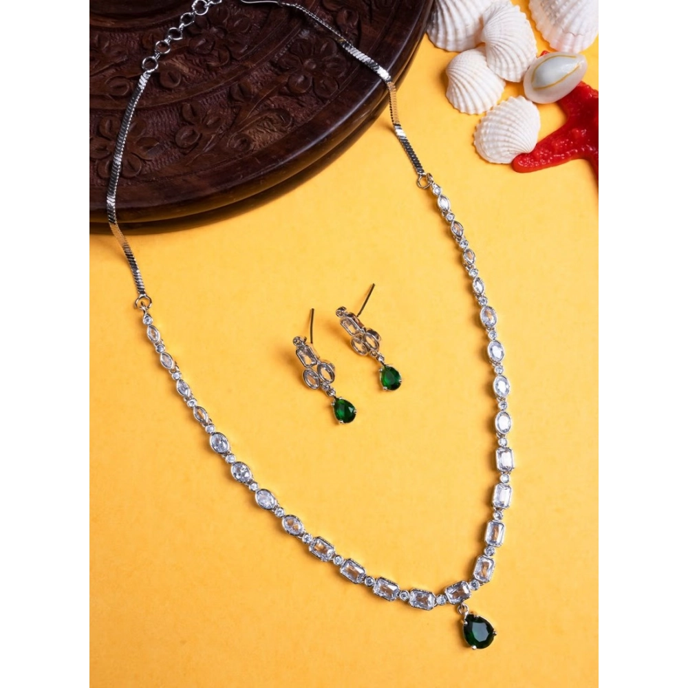Women's Brass Silver Plated Necklace set (Green) - Image 3