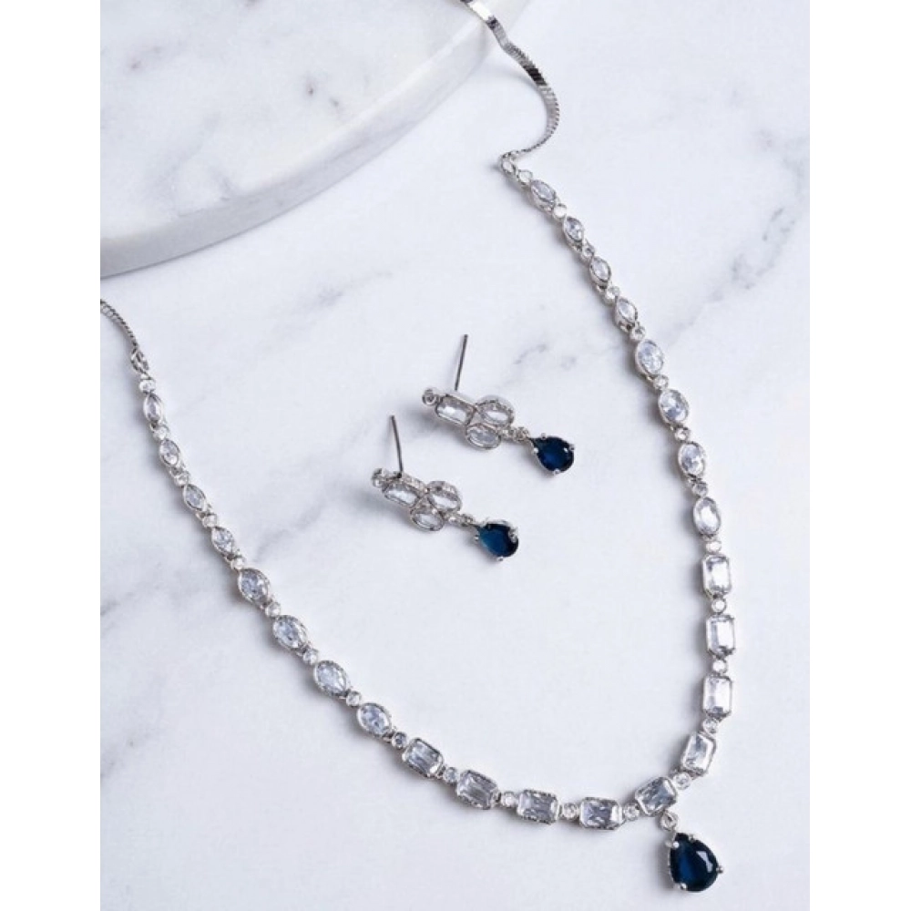 Women's Brass Silver Plated Necklace set (Blue)