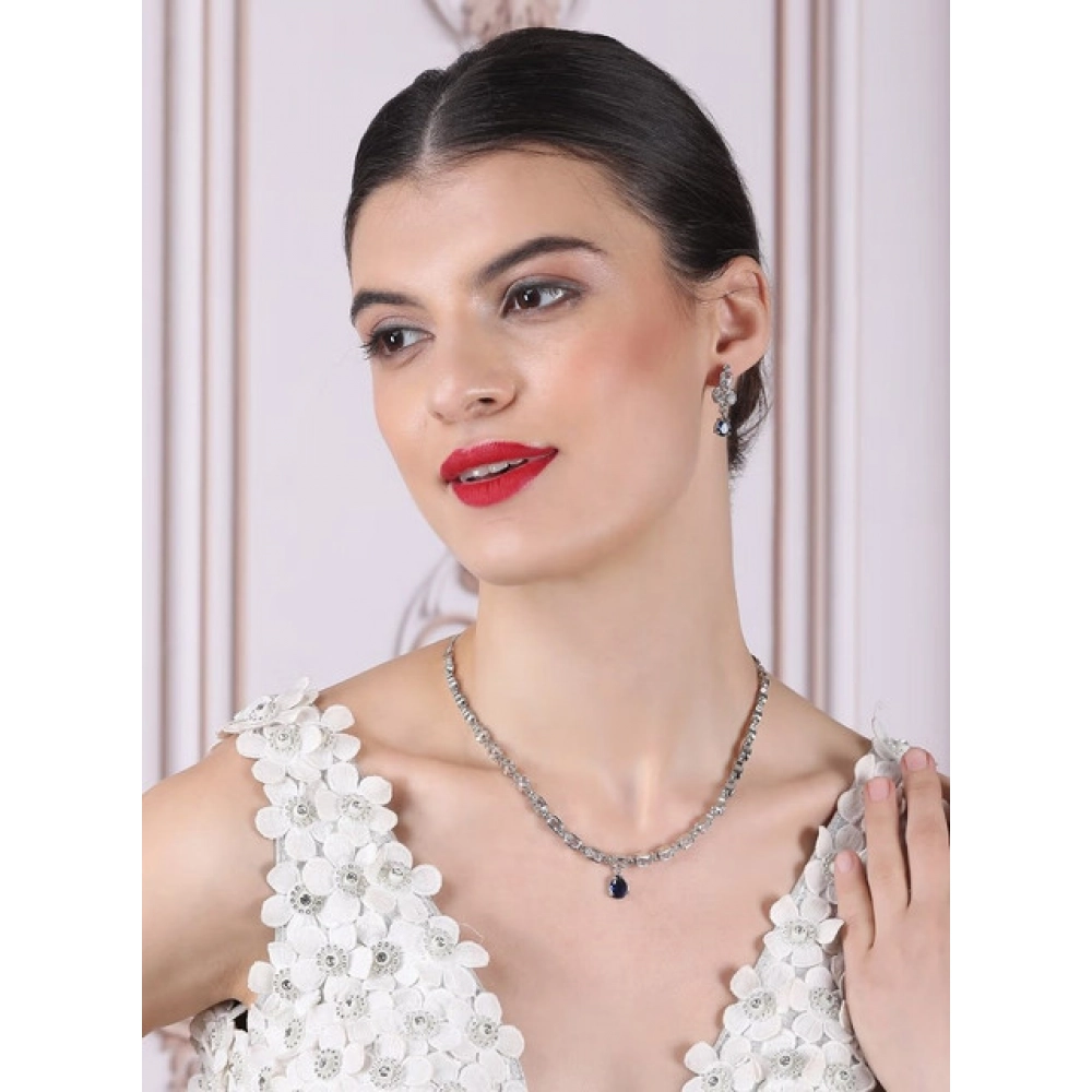 Women's Brass Silver Plated Necklace set (Blue) - Image 4