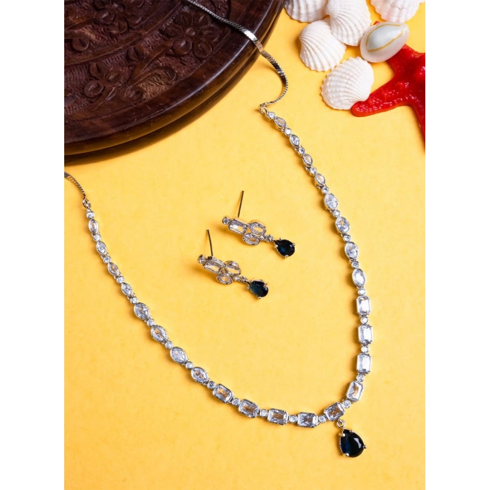 Women's Brass Silver Plated Necklace set (Blue) - Image 3