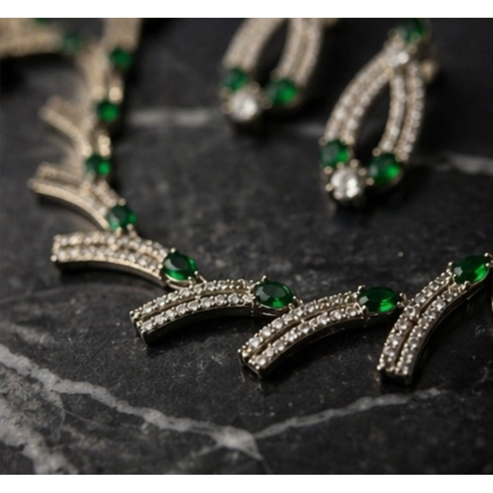 Women's Brass Silver Plated Necklace set (Green) - Image 2