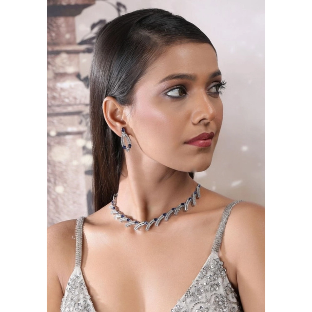 Women's Brass Silver Plated Necklace set (Blue) - Image 2