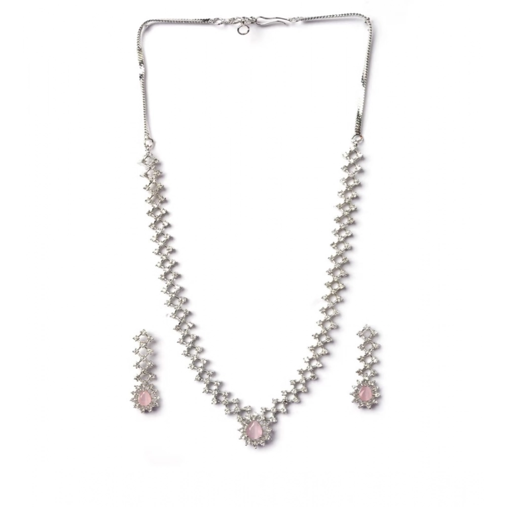 Women's Brass Silver Plated Necklace set (Pink) - Image 5