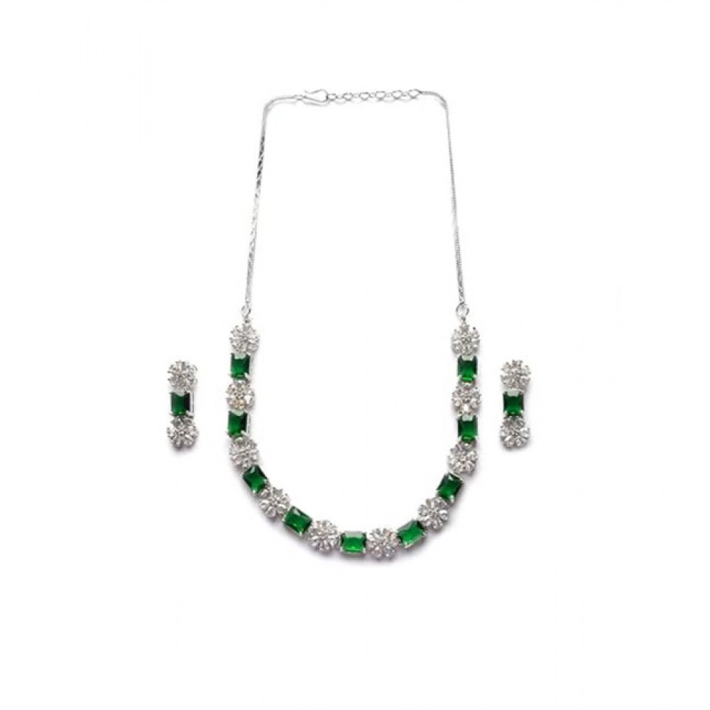 Women's Brass Silver Plated Necklace set (Green) - Image 5