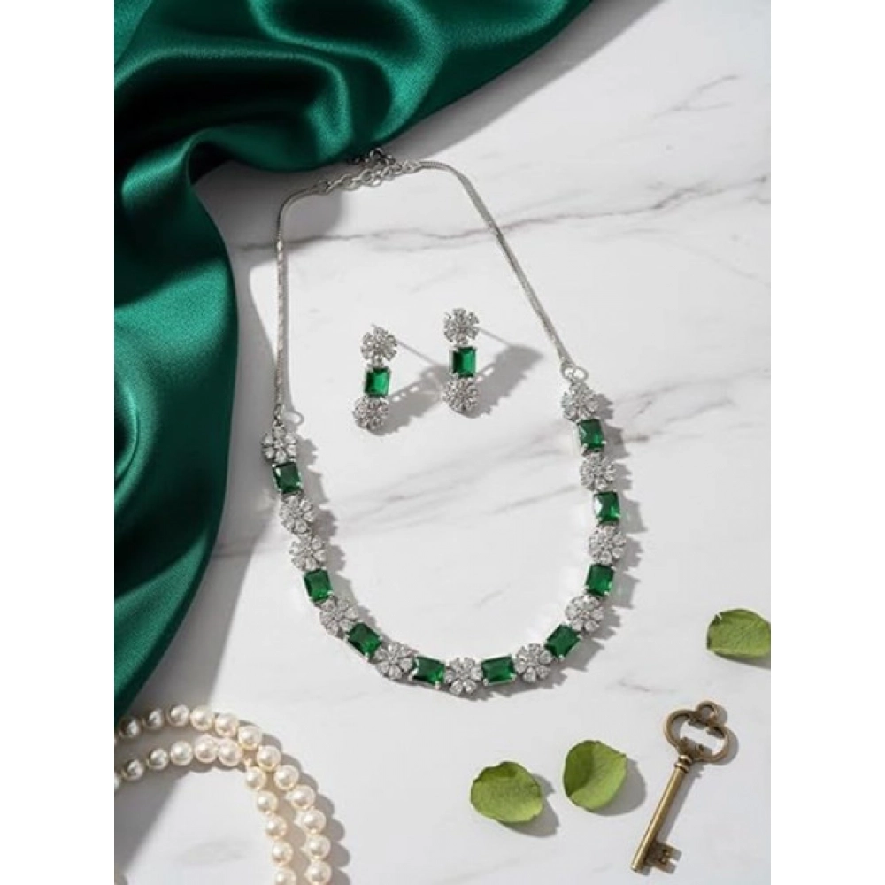 Women's Brass Silver Plated Necklace set (Green) - Image 4