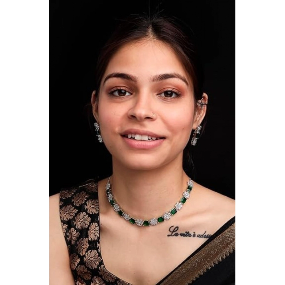 Women's Brass Silver Plated Necklace set (Green) - Image 3
