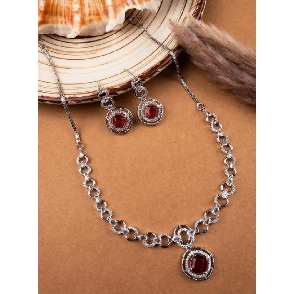Women's Brass Silver Plated Necklace set (Red) - Image 4