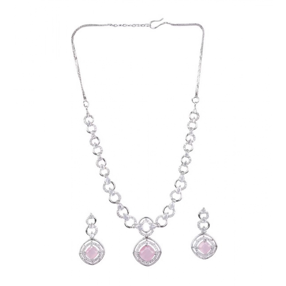 Women's Brass Silver Plated Necklace set (Pink) - Image 5