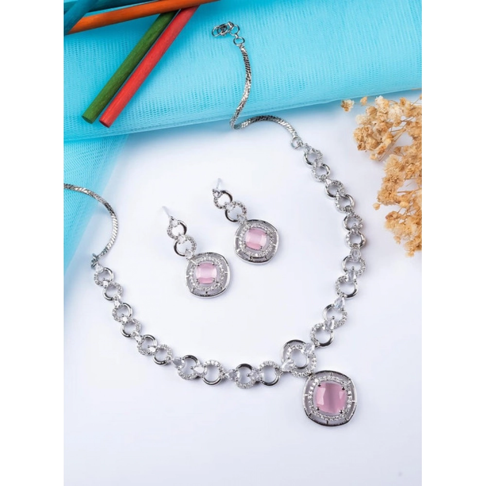 Women's Brass Silver Plated Necklace set (Pink) - Image 4