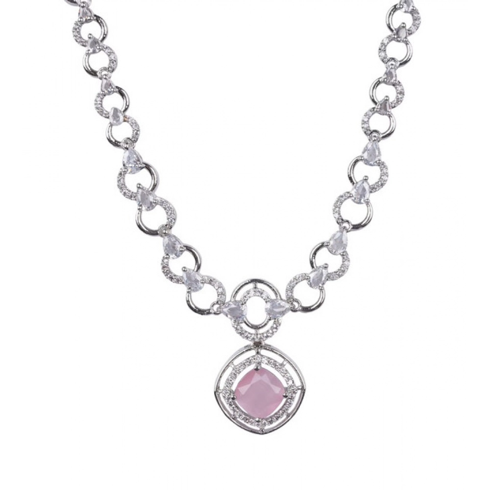 Women's Brass Silver Plated Necklace set (Pink) - Image 3