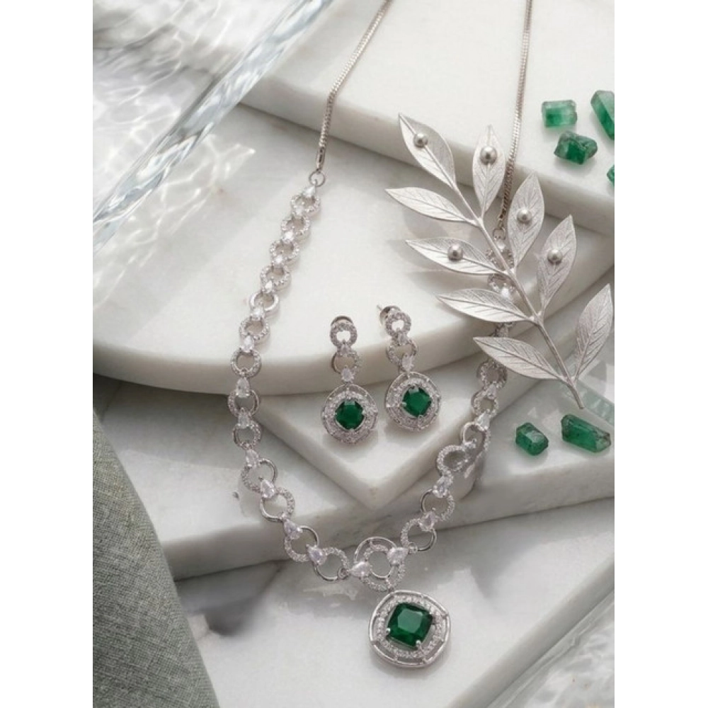 Women's Brass Silver Plated Necklace set (Green)