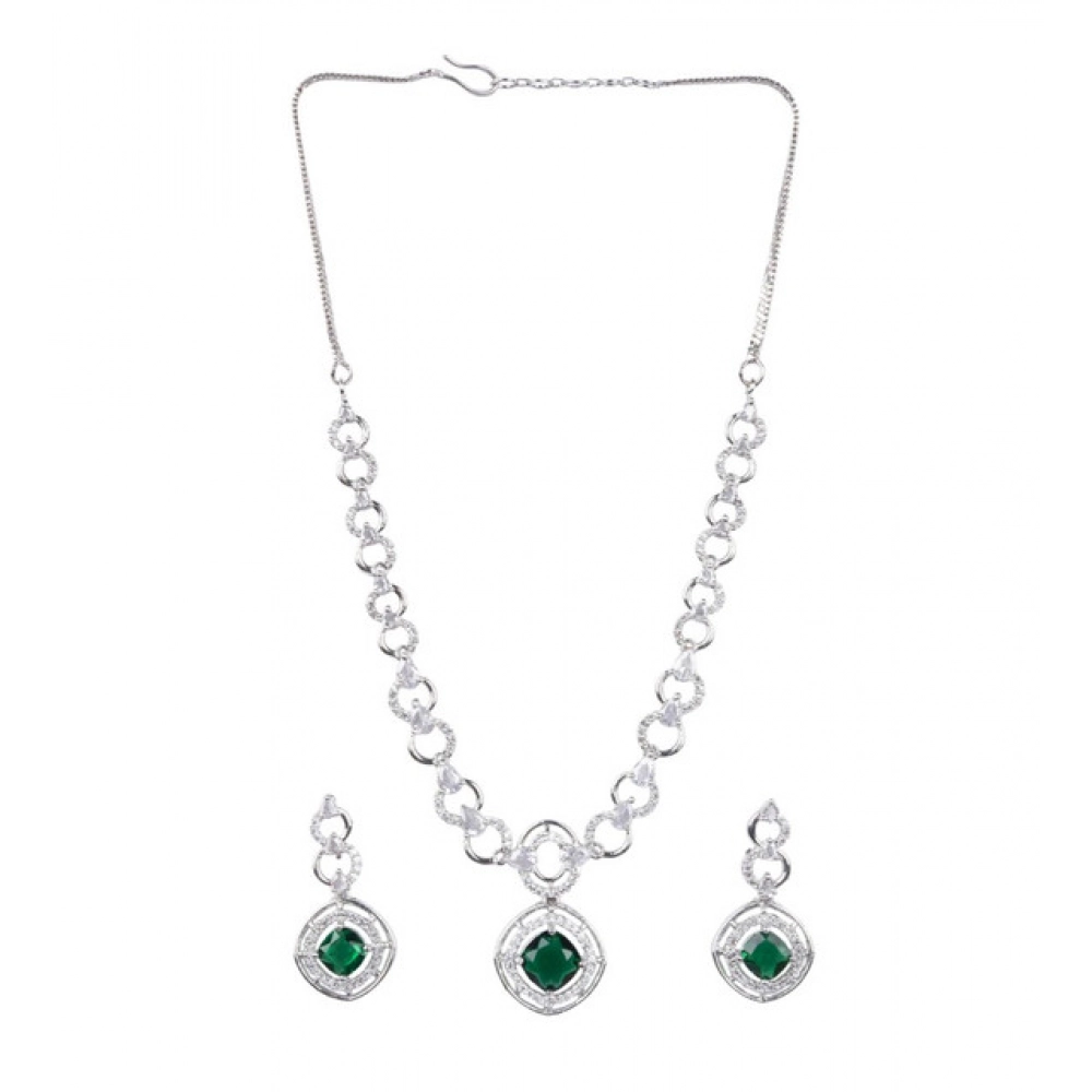 Women's Brass Silver Plated Necklace set (Green) - Image 4