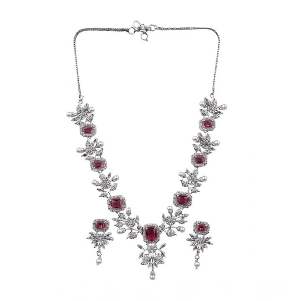 Women's Brass Silver Plated Necklace set (Red) - Image 5