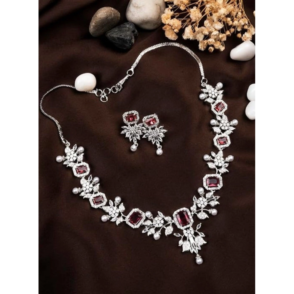Women's Brass Silver Plated Necklace set (Red) - Image 4