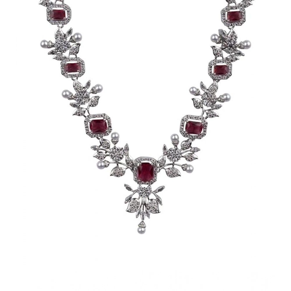 Women's Brass Silver Plated Necklace set (Red) - Image 3