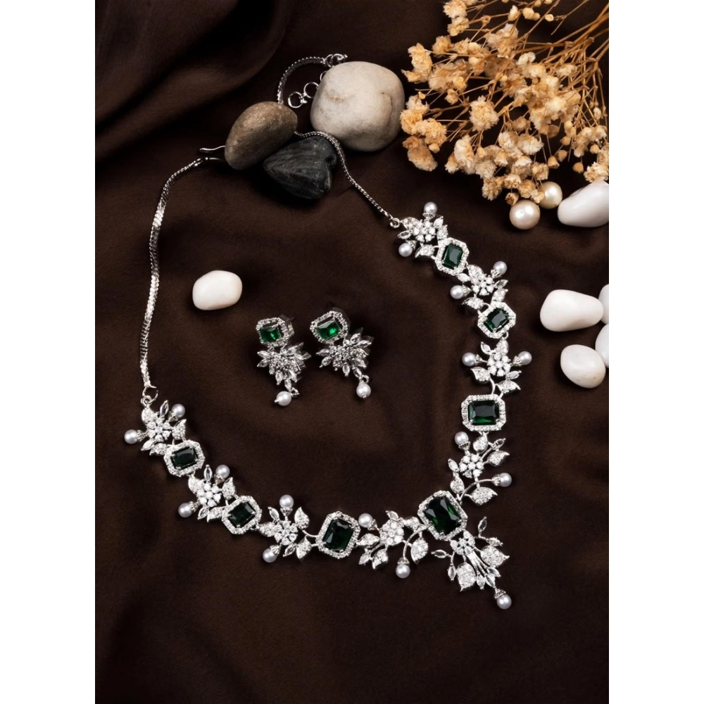 Women's Brass Silver Plated Necklace set (Green) - Image 4
