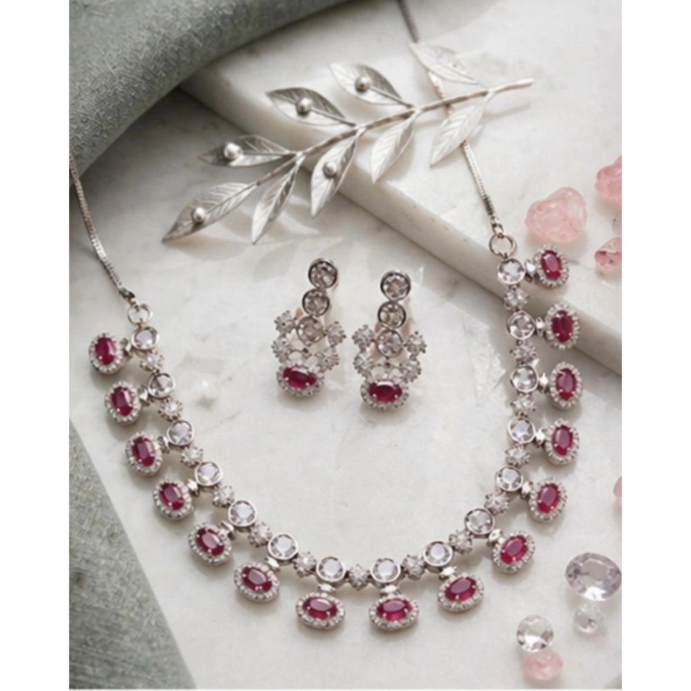 Women's Brass Silver Plated Necklace set (Pink) - Image 5