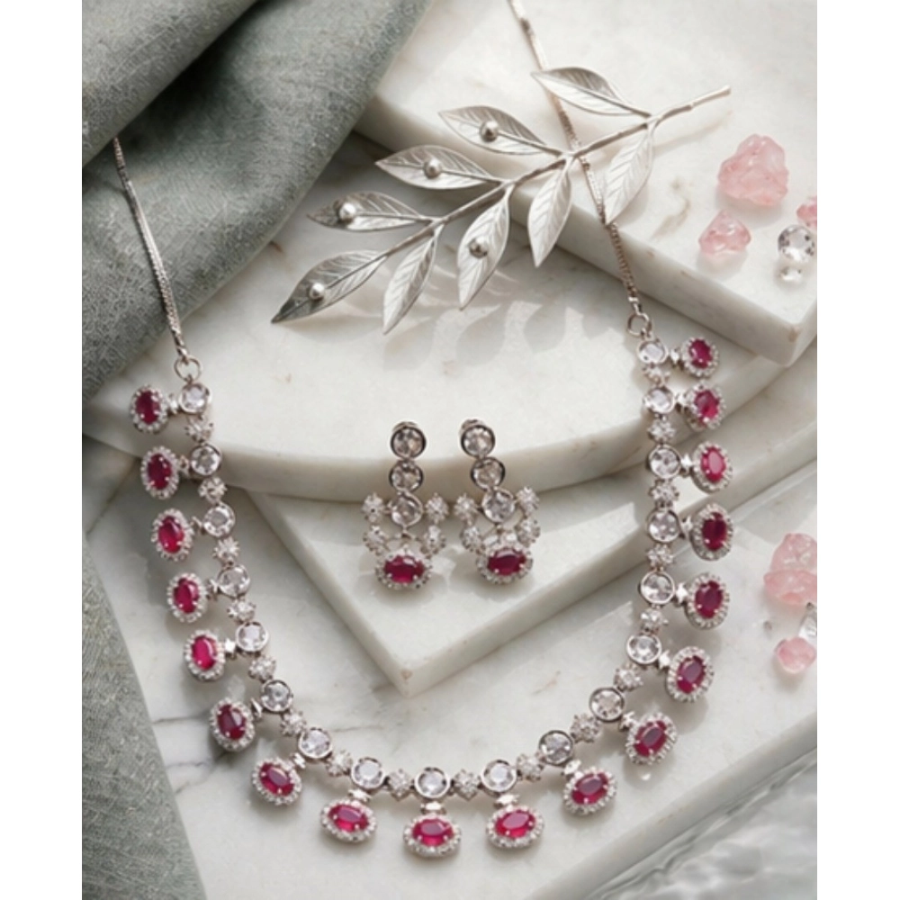 Women's Brass Silver Plated Necklace set (Pink) - Image 3