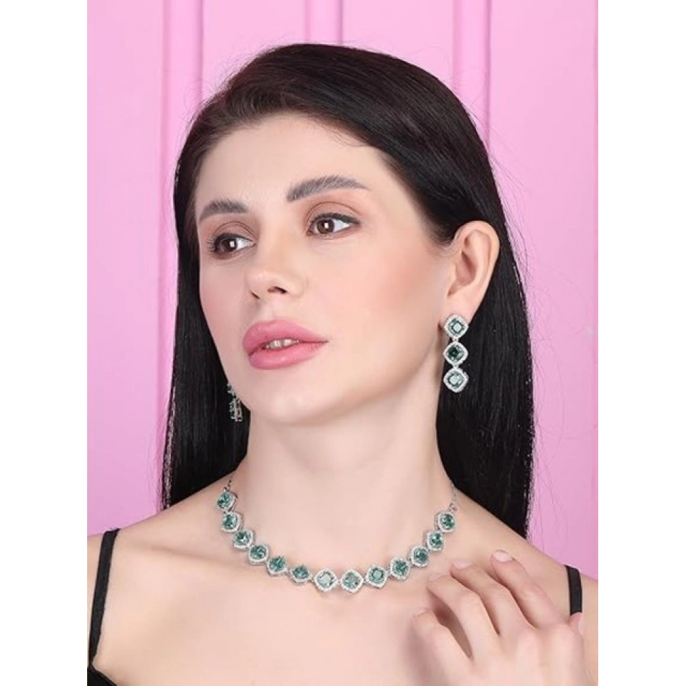 Women's Brass Silver Plated Necklace set (Green) - Image 5