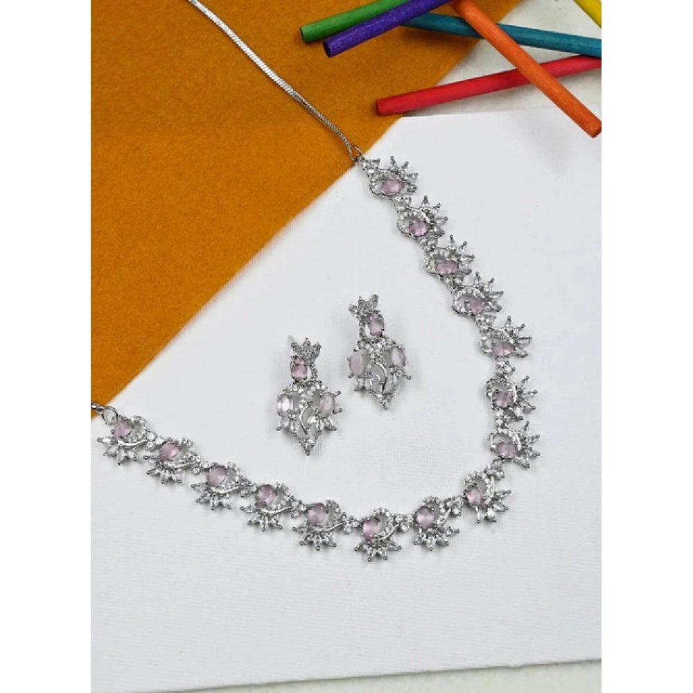 Women's Brass Silver Plated Necklace set (Pink) - Image 4