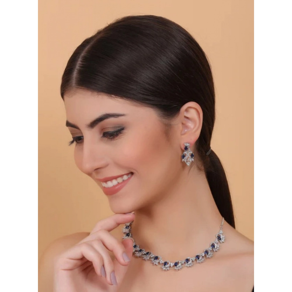 Women's Brass Silver Plated Necklace set (Blue) - Image 3