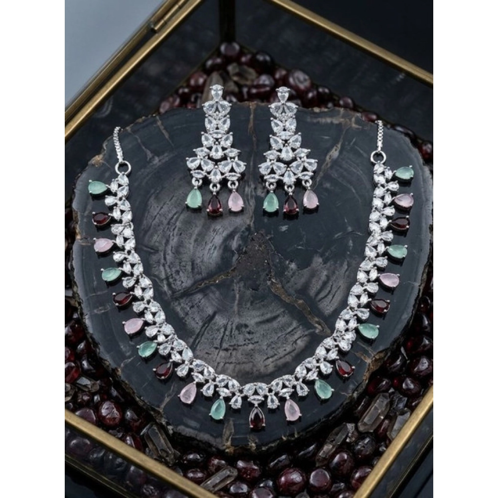 Women's Brass Silver Plated Necklace set (Multicolor)