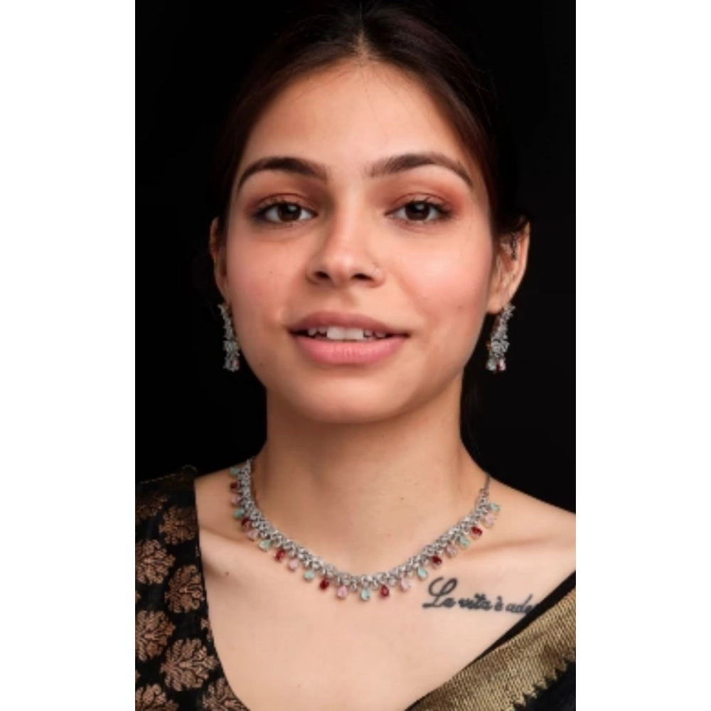 Women's Brass Silver Plated Necklace set (Multicolor) - Image 4