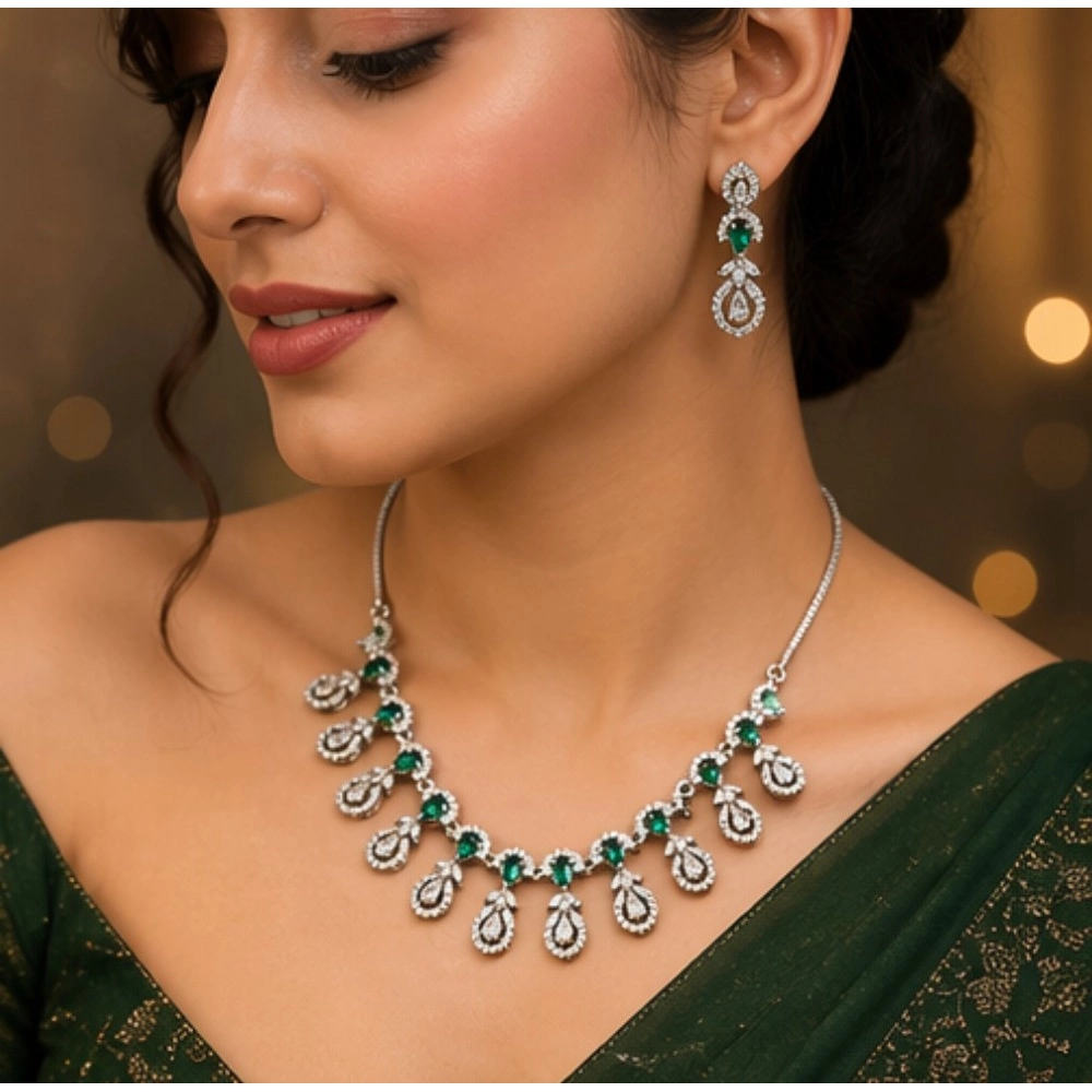 Women's Brass Silver Plated Necklace set (Green) - Image 4