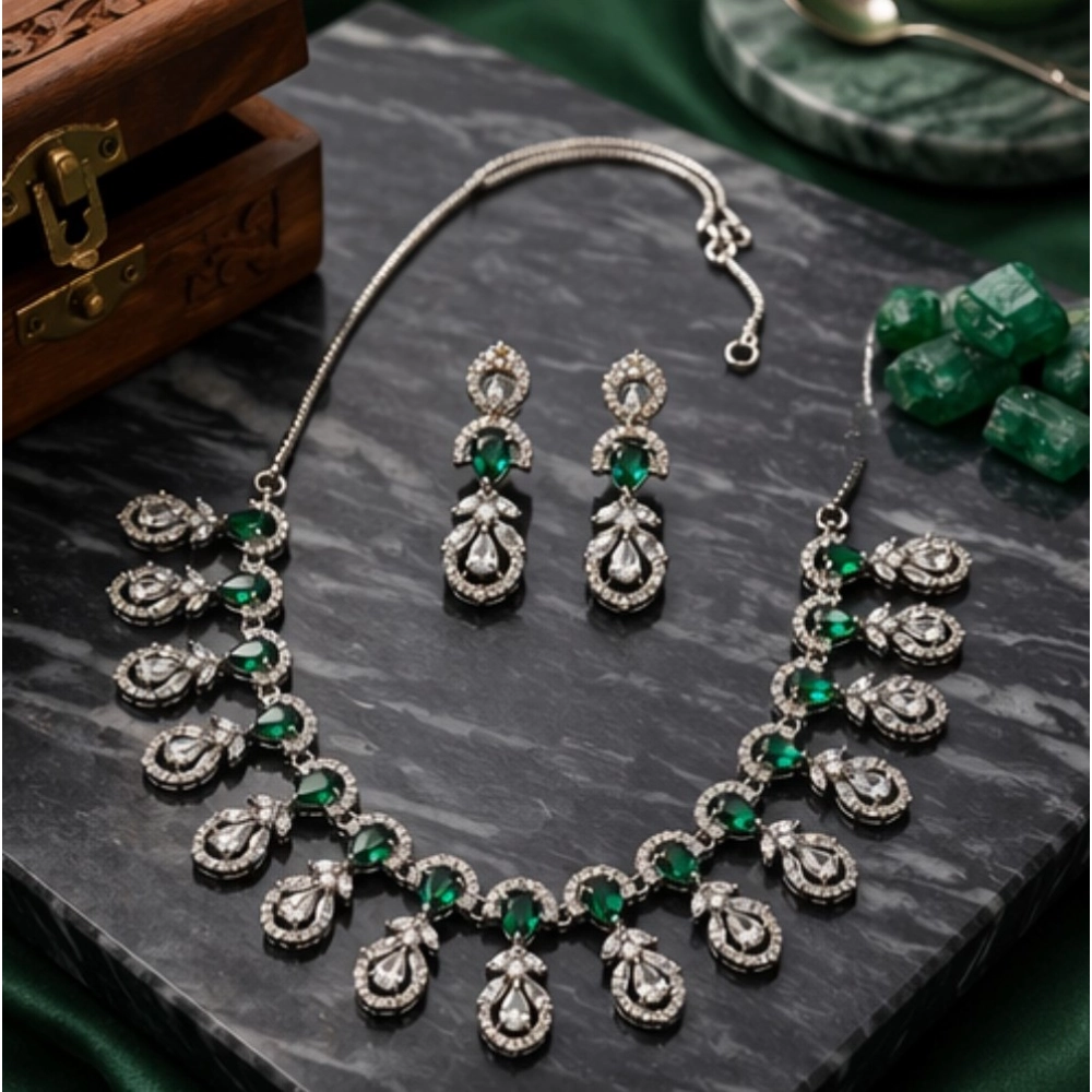 Women's Brass Silver Plated Necklace set (Green) - Image 3