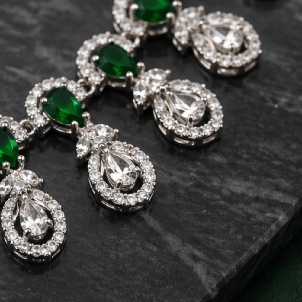 Women's Brass Silver Plated Necklace set (Green) - Image 2